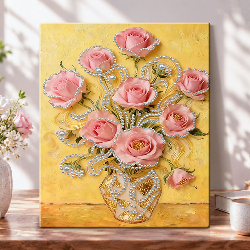 Pink roses in vase pearl diamond painting kit for beginners