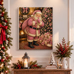 Finished pink santa silent night pearl diamond painting artwork displayed as holiday home decor