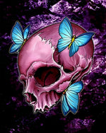 Pink skull with blue butterflies cross stitch kit for beginners