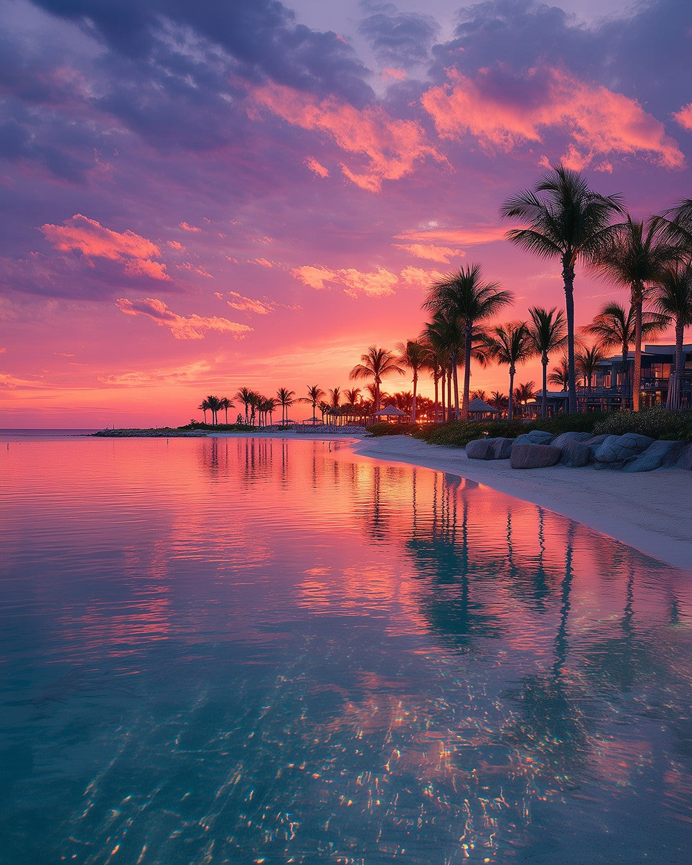 Pink sunset lagoon and palm trees cross stitch kit for beginners