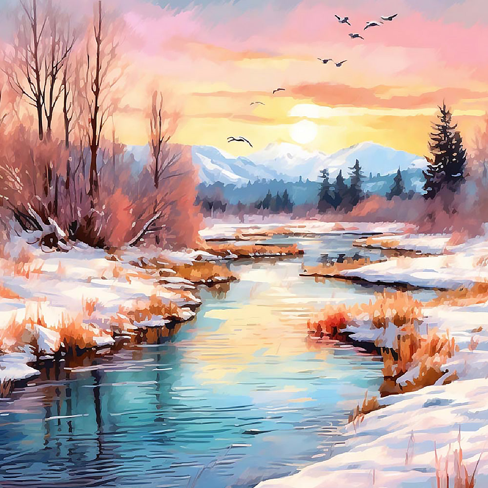 Pink sunset over a snowy river cross stitch kit for beginners