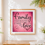 Finished pink texture family and love quote cross stitch artwork displayed