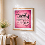Pink texture family and love quote cross stitch artwork displayed on wall as home decor