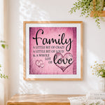 Finished pink texture family quote cross stitch artwork displayed