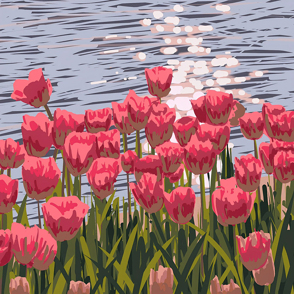 Pink tulips by the water paint by numbers kit for beginners