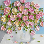 Pink tulips in a white vase cross stitch kit for beginners