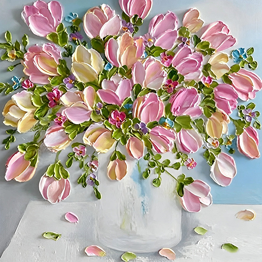 Pink tulips in a white vase cross stitch kit for beginners