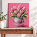 Finished pink tulips in disco vase pearl diamond painting artwork displayed as home decor
