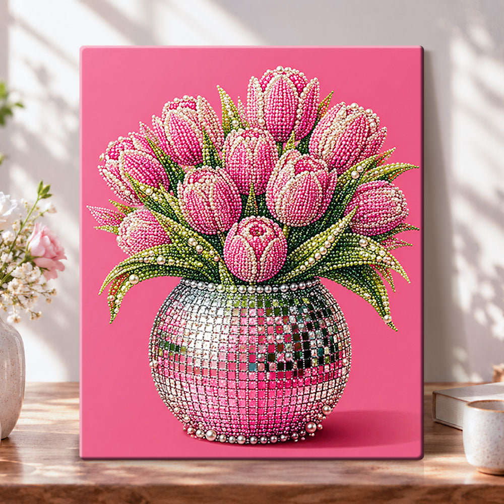 Pink tulips in disco vase pearl diamond painting kit for beginners