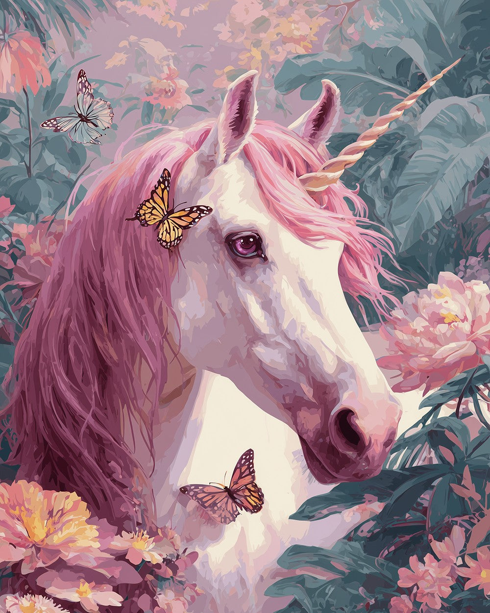 Pink unicorn in floral garden paint by numbers kit for beginners