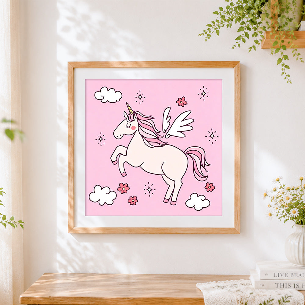 Finished pink unicorn with wings cross stitch artwork displayed