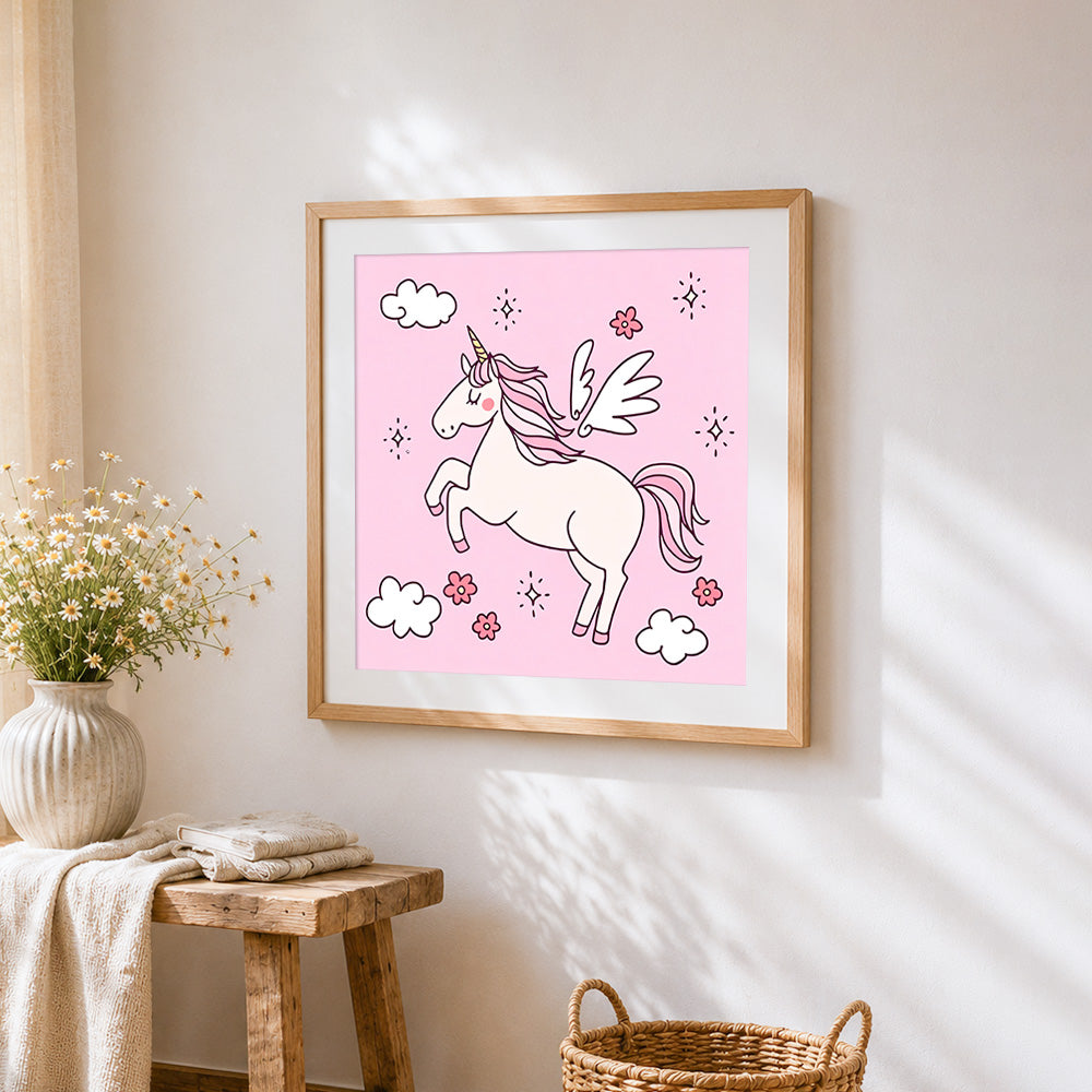 Pink unicorn with wings cross stitch artwork displayed on wall as home decor
