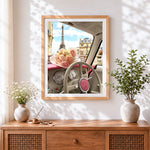 Finished pink vintage car and roses cross stitch artwork displayed