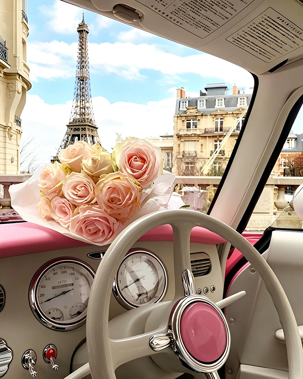 Pink vintage car and roses cross stitch kit for beginners