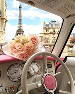 Pink vintage car and roses cross stitch kit for beginners