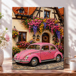 Pink vintage car in flower village pearl diamond painting kit for beginners