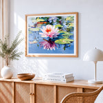 Pink water lily with reflection cross stitch artwork displayed on wall as home decor