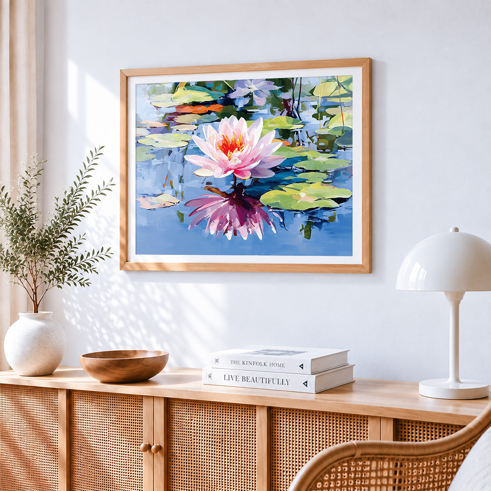 Pink water lily with reflection paint by numbers artwork displayed on wall as home decor