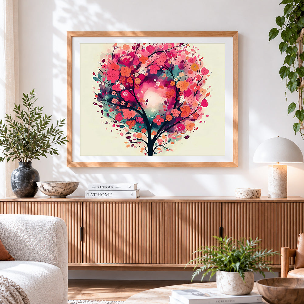 Finished pink watercolour blossom tree paint by numbers artwork displayed as home decor
