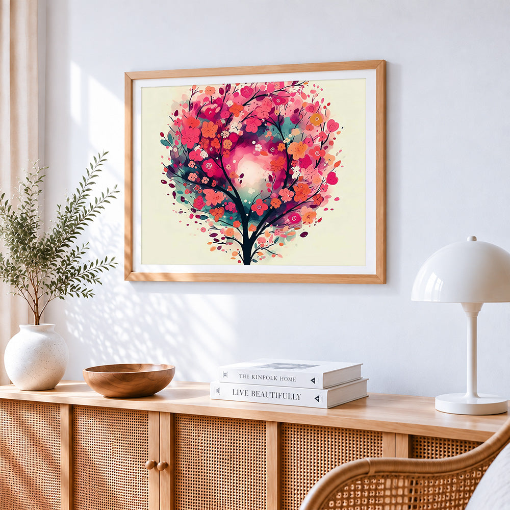 Pink watercolour blossom tree paint by numbers artwork displayed on wall as home decor