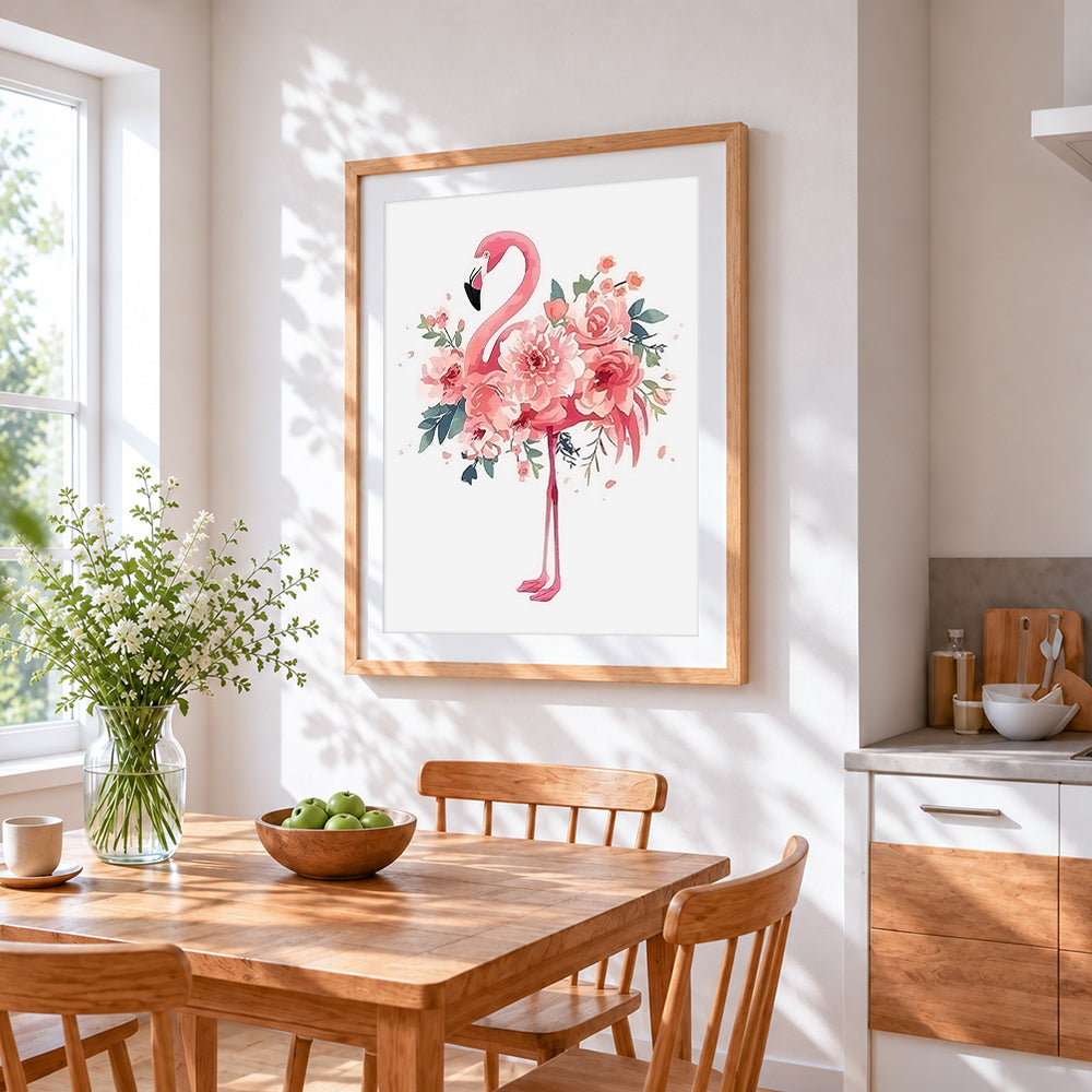 Pink watercolour floral flamingo cross stitch artwork displayed on wall as home decor