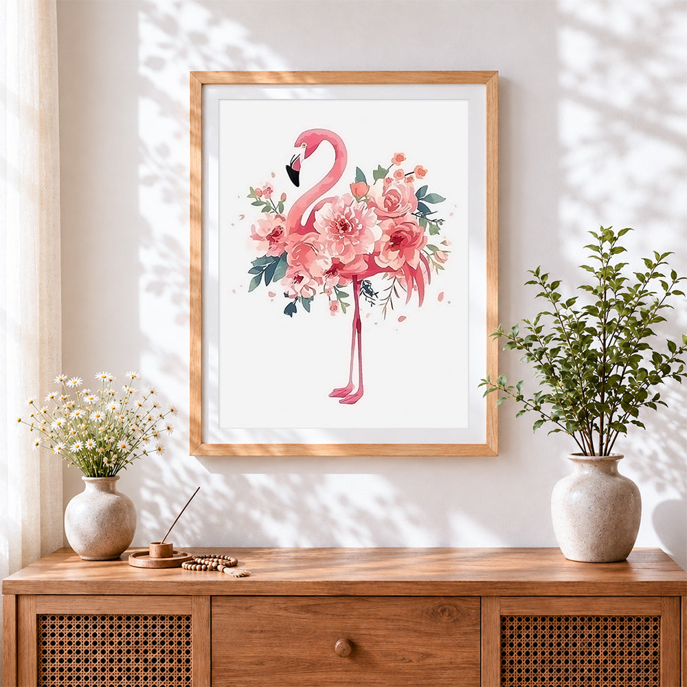 Finished pink watercolour floral flamingo paint by numbers artwork displayed as home decor