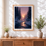 Finished pink winter forest sunset cross stitch artwork displayed
