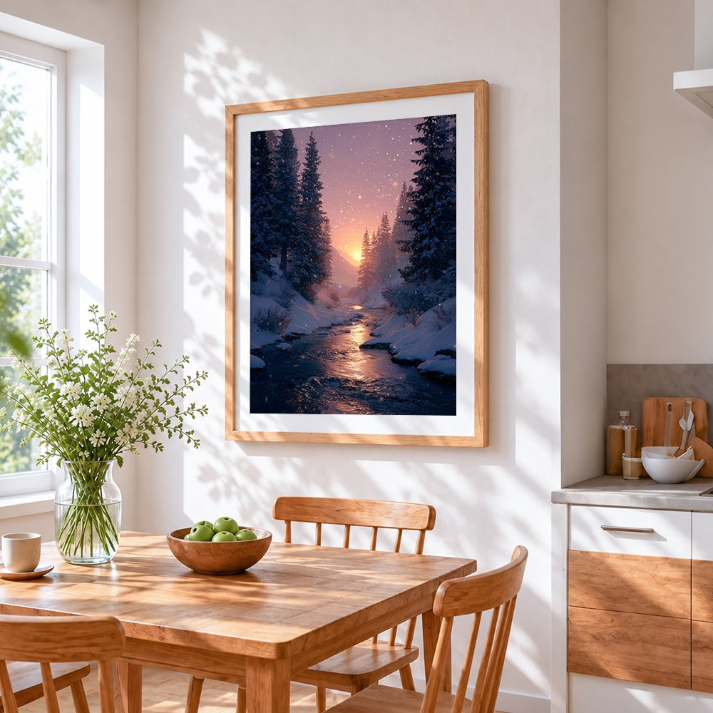 Pink winter forest sunset cross stitch artwork displayed on wall as home decor