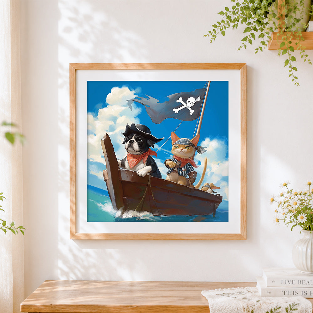 Finished Pirate dog and cat in a boat cross stitch artwork displayed