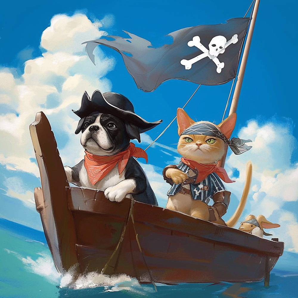 Pirate dog and cat in a boat cross stitch kit for beginners