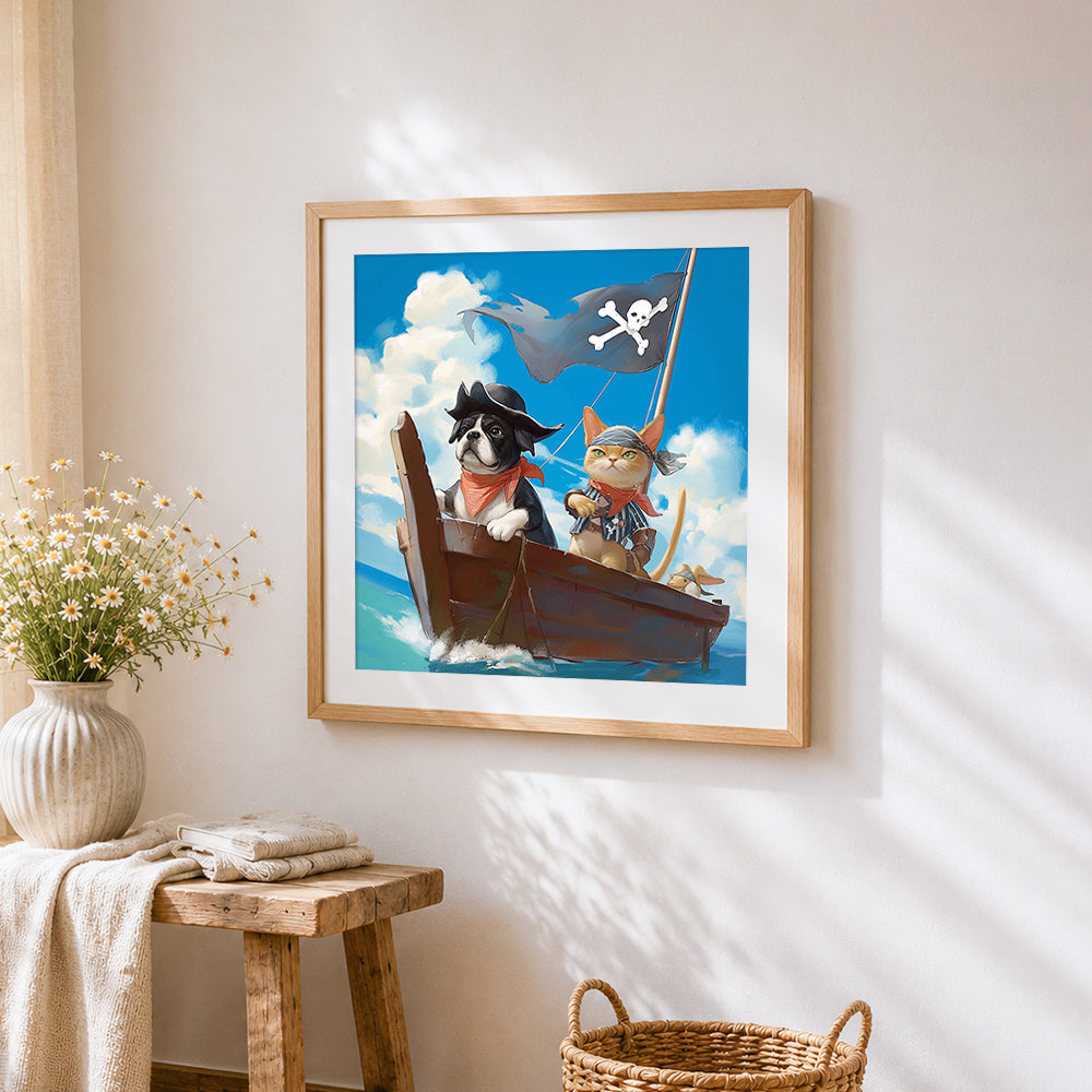 Pirate dog and cat in a boat cross stitch artwork displayed on wall as home decor