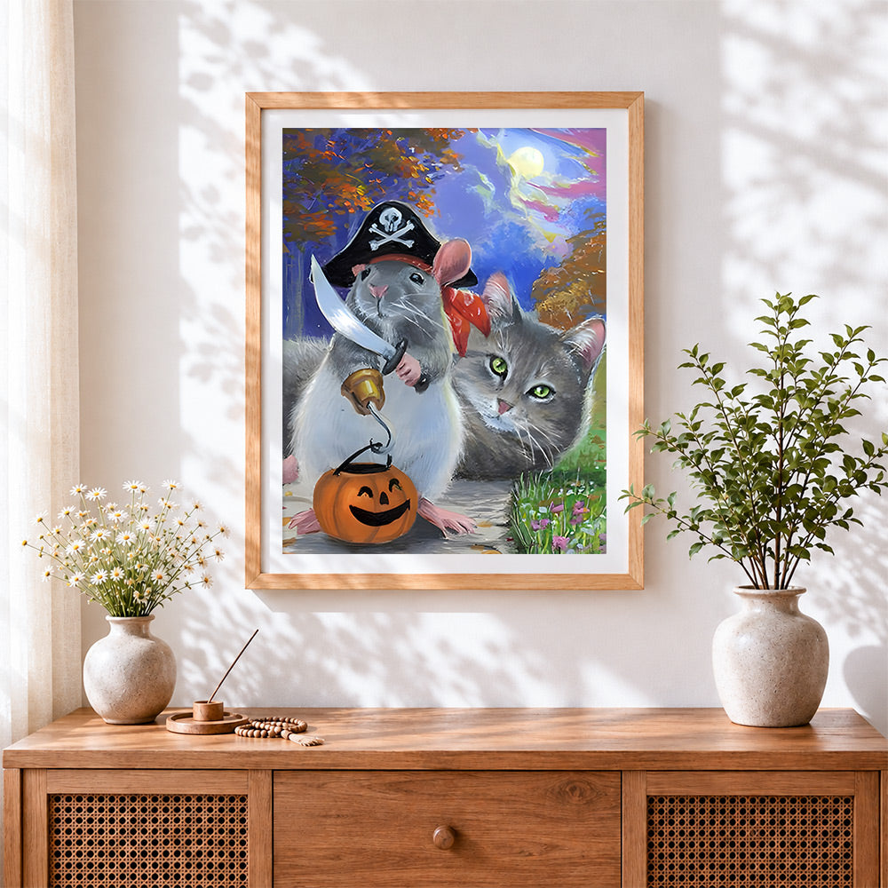 Finished pirate mouse and cat cross stitch artwork displayed