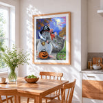 Pirate mouse and cat cross stitch artwork displayed on wall as home decor