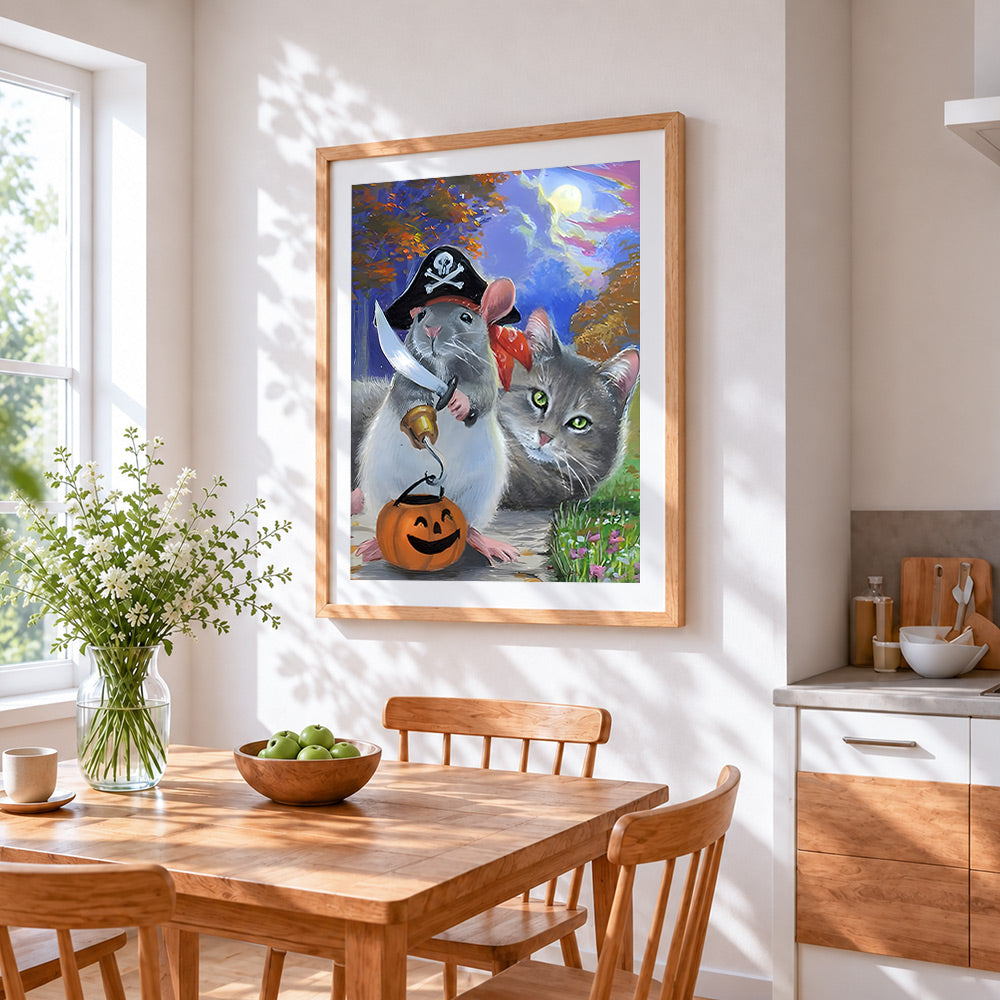 Pirate mouse and cat cross stitch artwork displayed on wall as home decor
