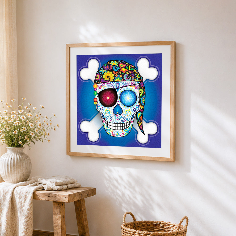 Pirate sugar skull and crossbones cross stitch artwork displayed on wall as home decor