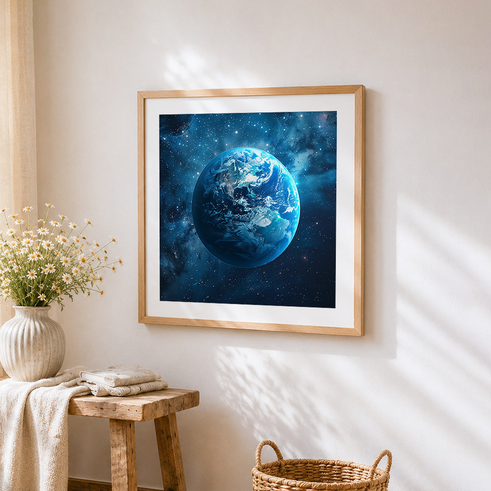 Planet earth in starry space cross stitch artwork displayed on wall as home decor