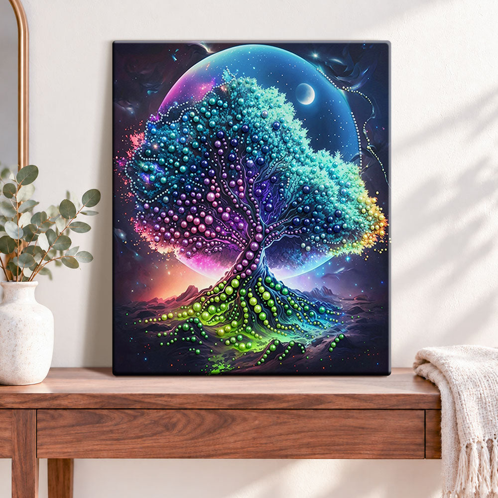 Finished planetary tree fantasy pearl diamond painting artwork displayed as home decor