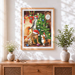 Finished playful cats and dogs decorating the christmas tree cross stitch artwork displayed