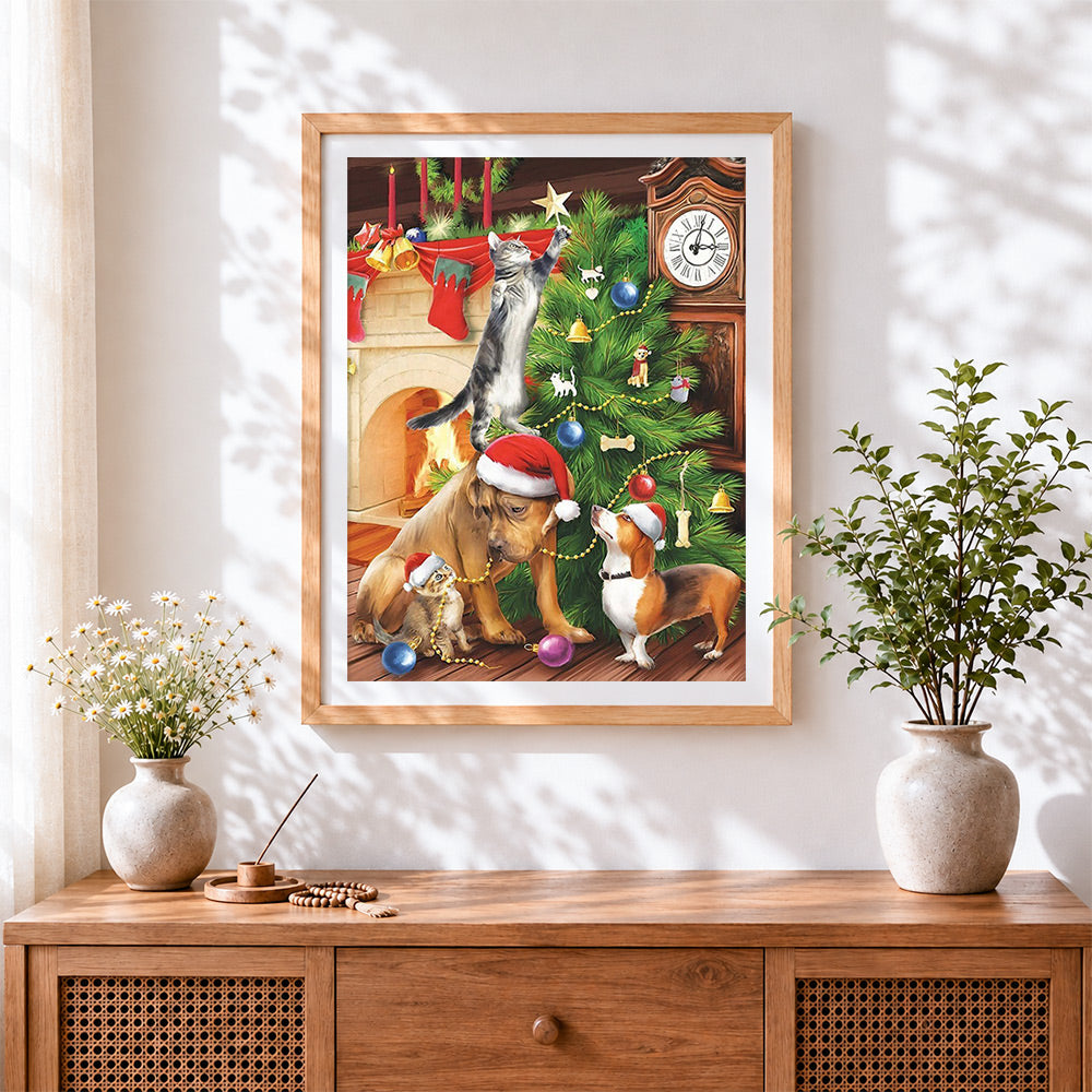 Finished playful cats and dogs decorating the christmas tree cross stitch artwork displayed