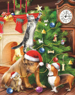 Playful cats and dogs decorating the christmas tree cross stitch kit for beginners