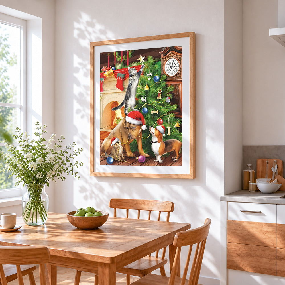 Playful cats and dogs decorating the christmas tree cross stitch artwork displayed on wall as home decor