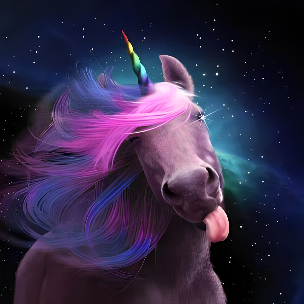Playful cosmic unicorn with rainbow mane cross stitch kit for beginners