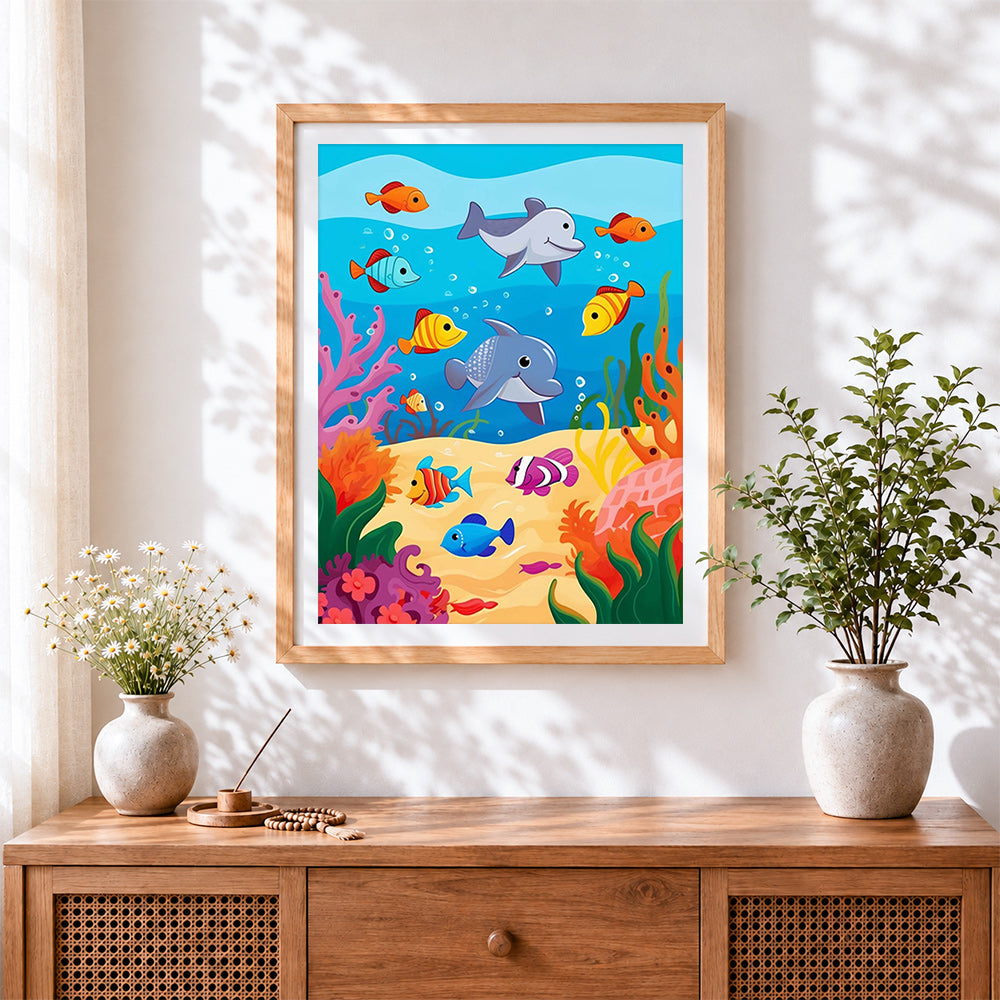 Finished playful dolphins in a coral reef cross stitch artwork displayed