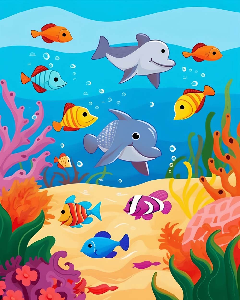 Playful dolphins in a coral reef cross stitch kit for beginners