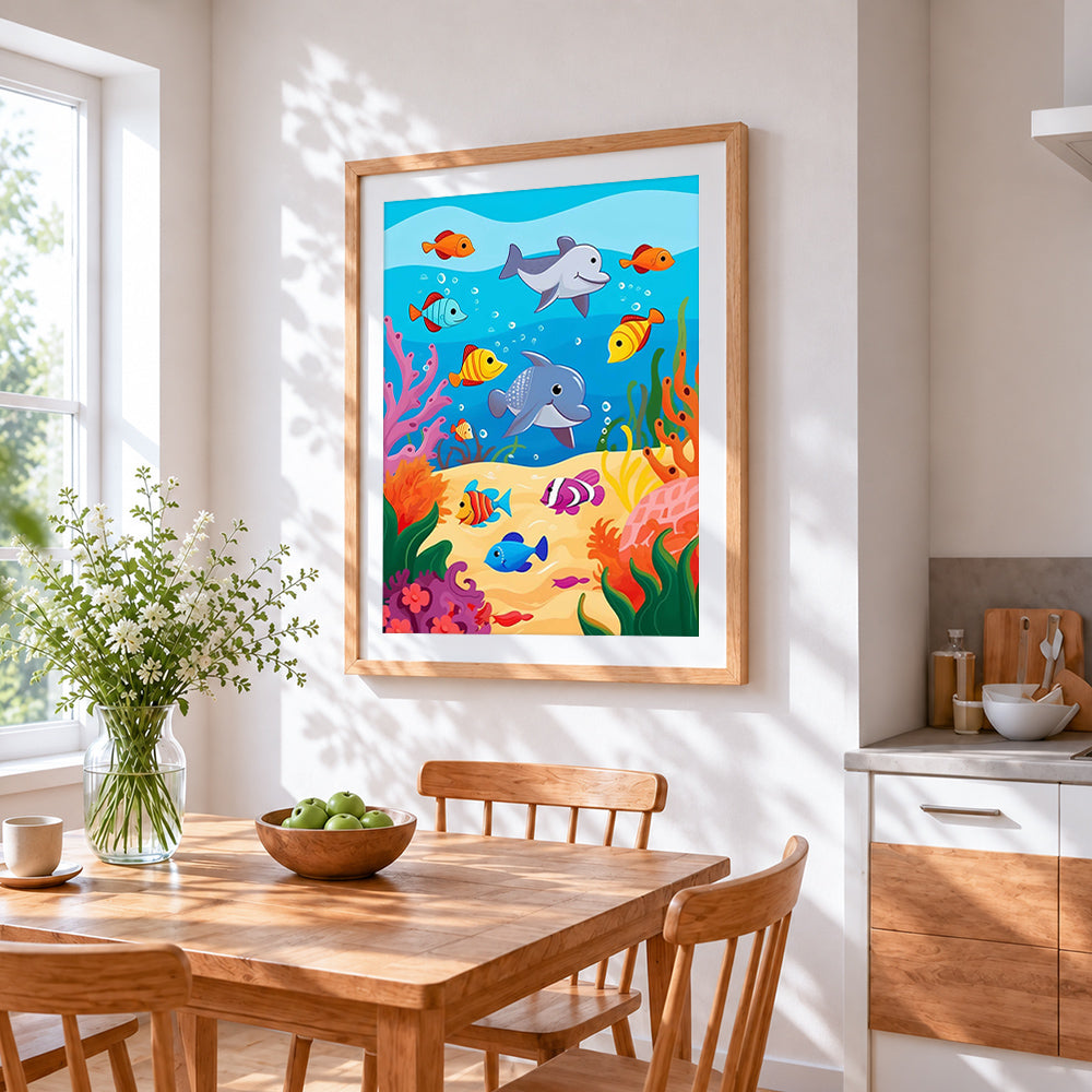 Playful dolphins in a coral reef cross stitch artwork displayed on wall as home decor