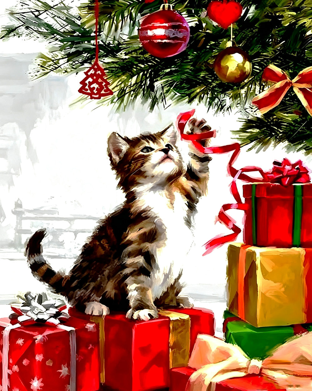 Playful kitten and christmas presents cross stitch kit for beginners
