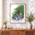 Finished playful kittens hiding in a christmas tree cross stitch artwork displayed