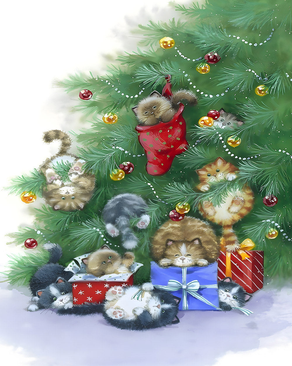 Playful kittens hiding in a christmas tree cross stitch kit for beginners