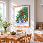 Playful kittens hiding in a christmas tree cross stitch artwork displayed on wall as home decor