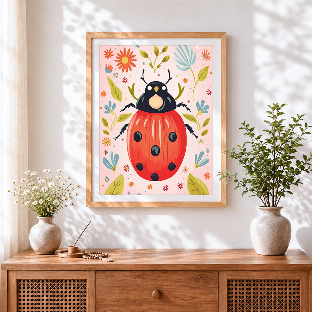Finished playful ladybird on pink background cross stitch artwork displayed